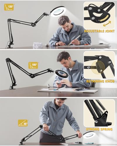 12X Magnifying Glass with Light and Clamp, Extra Long 3 Section Swing Arm - color: Black, size: 12X 36inch Clamp