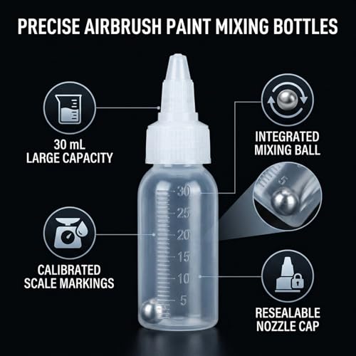 10Pcs 1oz/30ml Paint Bottles, Airbrush Paint Bottle Jars Clear Empty Plastic Mixing Squeeze Bottles with Ball Jar Resealable Scale Mixer