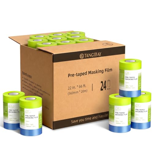 Tangibay Pre-Taped Masking Film for Painting, 22" x 66', 24 Rolls - size: 24 Rolls: 22"