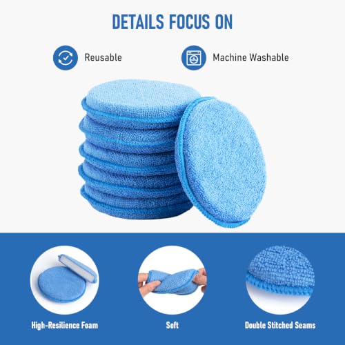 FONAROLL Microfiber Wax Applicator Pads, Car Wax Applicator, Buffing & Detail Polishing Foam Pads for Car Cleaning and Fine Polishing (5" Diameter, 6 Pack)… - color: Blue