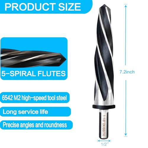 DKIBBITH 1-1/8" Bridge Construction Reamer Drill Bit, M2 HSS Taper Chucking Reamer for Steel Alloy Metal Wood Plastic, 1/2" Non-Slip Shank, 5-Spiral Flutes Car Reamer, to Align or Enlarge Holes, 28mm - size: 1-1/8"