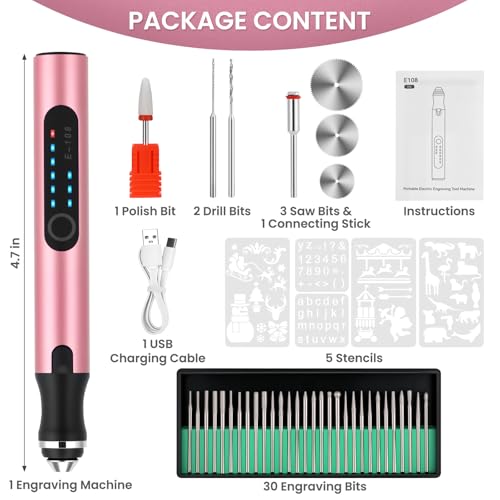 Electric Engraving Pen with 37 Bits for Wood Glass Stone Carving (Rose Red) - color: Rose Red