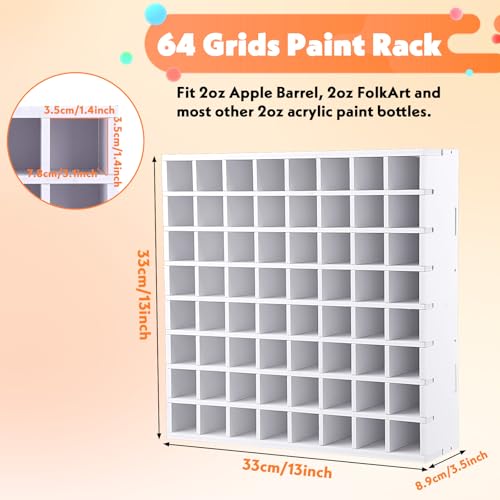 64 Grids Craft Paint Storage Organizer, Wall-mountable Paints Holder, Stackable Paint Bottle Rack Stand for 2oz Acrylic Craft Paints