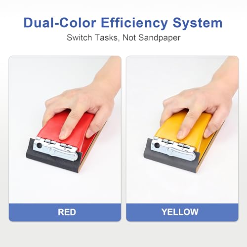 SCOTTCHEN Hand Sanding Block Set with 2 Sanding Blocks (Red & Yellow) for Coarse/Fine Grinding, 56pcs 120-3000 Grit Wet/Dry Sandpaper for Furniture, Metal & Auto - style: Clamp-style 2 pack