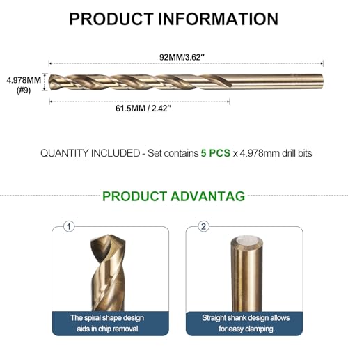 METALLIXITY Micro Drill Bit (#9) 4341 High-Speed Steel Gold 135° 5Pcs - size: #9 (4.978mm)