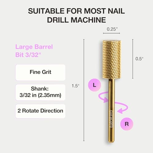 Curacoro Nail Drill Bits 3/32'' Large Barrel Carbide Bit (Fine) - color: Yellow Titanium - Large Barrel Bit, size: Fine