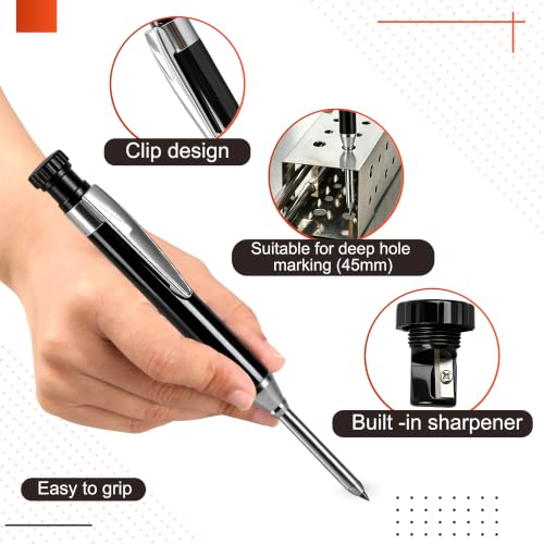 YEVEETTE 2.8mm Carpenter Pencils with 7 Refills, Built-in Sharpener Long Nib Deep Hole Construction Pencil, Metal Drafting Pencil Set for Carpenter Scriber Woodworking Architect (Black)
