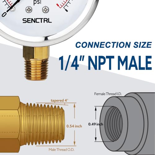 SENCTRL 0-160 Psi Liquid Filled Air Pressure Gauge, 1/4" NPT Lower Mount - size: 0-160 Psi, style: Lower Mount