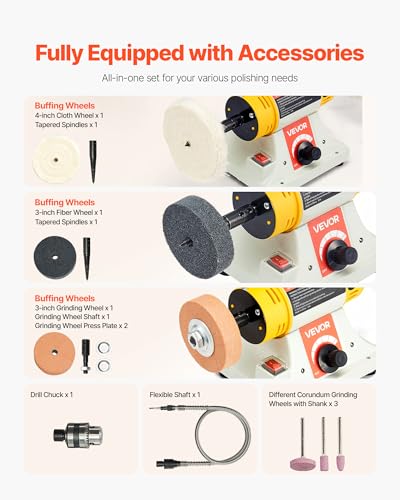 VEVOR Bench Buffer Polisher, 1/2HP Polishing Buffing Machine, 0 to 8000RPM Benchtop Polisher Grinder with 4" Cloth Wheel, 3" Grinding Wheel & 3" Fiber Wheel for Metal, Jewelry, Wood and Plastic
