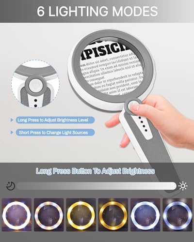 45X Magnifying Glass with Light, 4.6" Rechargeable Handheld Magnifier - color: Gray