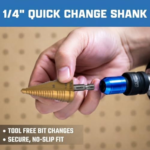 NEIKO 10636A Step Drill Bit, 3 Steps 7/8" to 1-7/32" Straight High Speed Steel, Titanium Nitride Coated, 1/4” Quick Change Step Bits for Steel, Metal, Wood, Plastic, Unibit Cone Drill Bits, Two Flute - size: #11 (7/8 - 1-7/32", 3S), style: Straight