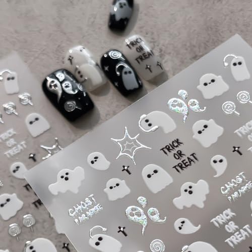 1 Sheets Halloween Nail Stickers for Nail Art Cute Music Ghost 5D Embossed Self Adhesive Nails Decals Gothic Silver Ghost Nails Supplies Spider Web Manicure Design for Women Nails Decoration - color: Halloween Spider Web