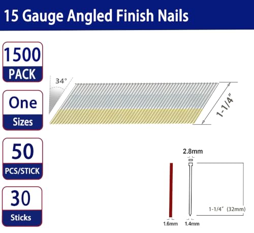 HW HAMWOO 15 Gauge 34°DA Angled Finish Nails,1-1/4":1500pcs - size: 1-1/4"--1500PCS