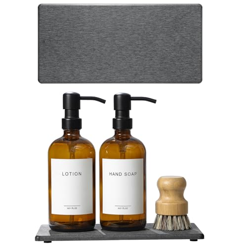 2PCS 10"x 5" Large Bathroom Sink Vanity Trays, Water Absorbing Diatomite Stone Quick Drying Mat for Kitchen Counter, Dish Rack Dispensers Sponge Holder Caddy Organizer, Dark Gray, - color: 2 Pack - Dark Gray, size: 10" x 5"