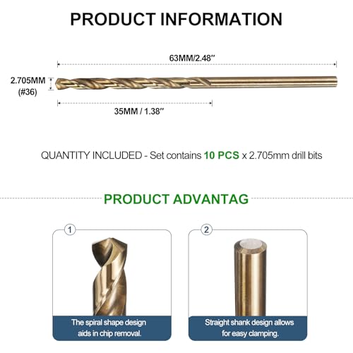 METALLIXITY Micro Drill Bit #36 10Pcs 4341 HSS Small Bits 118° Gold Finish - size: #36 (2.705mm)