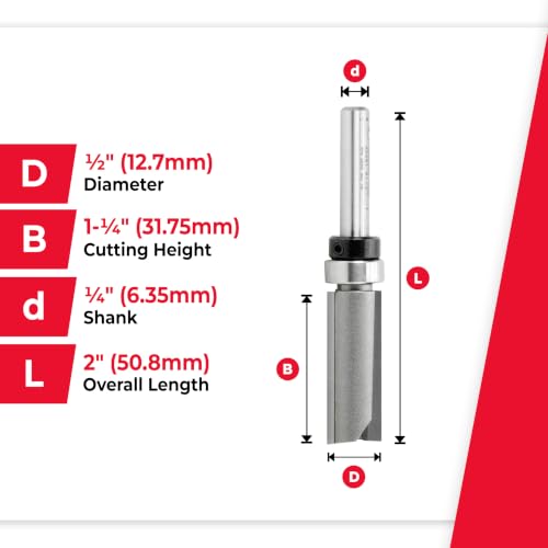 Amana Tool 45461 Flush Trim Router Bit 1/2 D x 1 CH x 1/2 SHK w/ Bearing - size: 1/2 Dia x 1-1/4 x 1/4" Sh