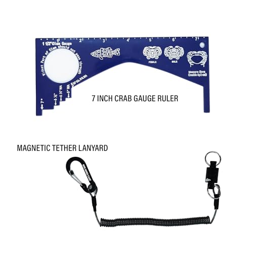 Fishernomics Crab Gauge - Blue & Silver Crab Ruler, Measuring Tool for Dungeness Crab, Rock Crab and Blue Crab with Strong Magnetic Clip Holder and Retractable Coiled Lanyard Carabiner