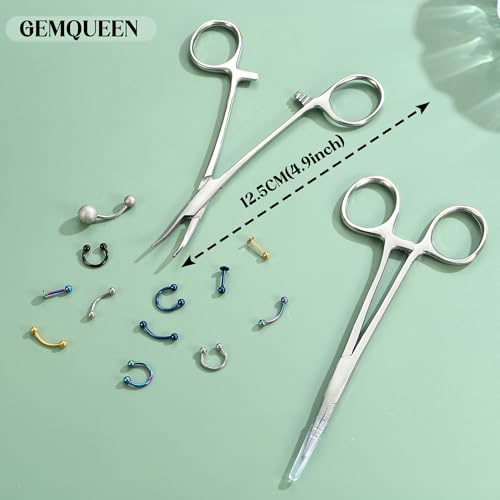 GEMQUEEN 2 Pcs Piercing Curved and Straight Forceps for Changing Jewelry - color: Silver