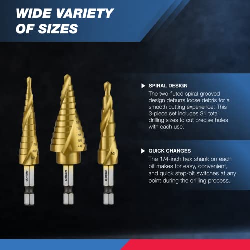 NEIKO 10181A Step Drill Bit Set, 3 Piece, Spiral Grooved for Faster Drilling, Step Bits for Stainless Steel, Metal, Wood, Plastic, Unibit Cone Drill Bits with 31 Step Sizes Total - size: 3pc (1/8 - 7/8", 31S), style: Spiral