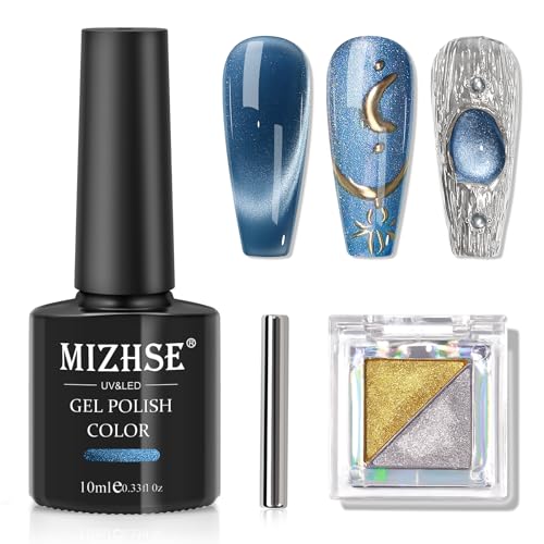 MIZHSE Cat Eye Gel Nail Polish Set - Blue Galaxy Magic Effect High Shine - color: Glass Blue