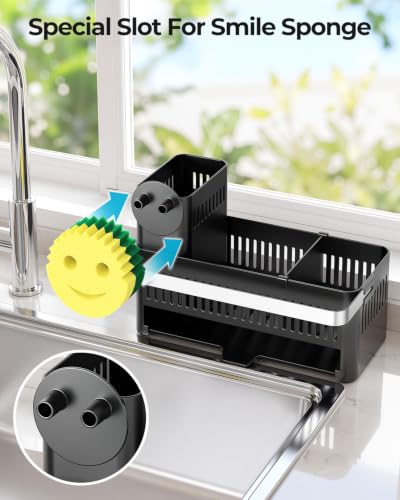 Nieifi Sponge Holder, Black Rustproof ABS Sink Caddy with Towel Rack - color: Black