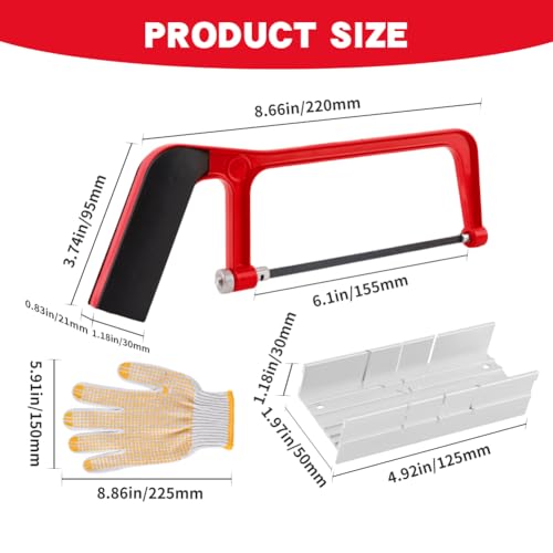 Mini Hacksaw with Miter Box, 6" Hand Saw Kit with 2 Spare Blades & Gloves - color: Red