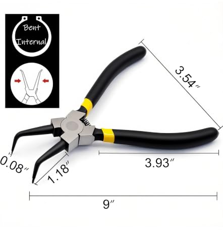 Bent Internal Snap Ring Pliers 9",Internal Spring,Anti-Rust,Head Size:0.08". - size: Bent Internal