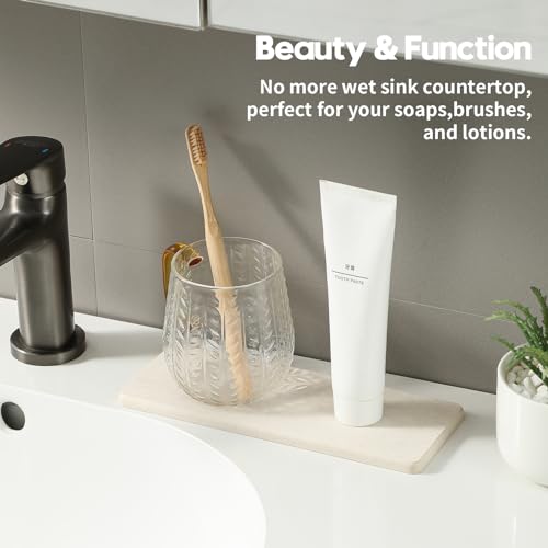 2PCS Beige Bathroom Sink Vanity Trays, Water Absorbing Diatomite Stone Drying Soap Dish Dispenser for Kitchen Counter, Sponge Holder Mat Rack Faucet Splash Guard Caddy Organizer, 9"x3.5" - color: 2 Pack - Beige, size: 9" x 3.5"