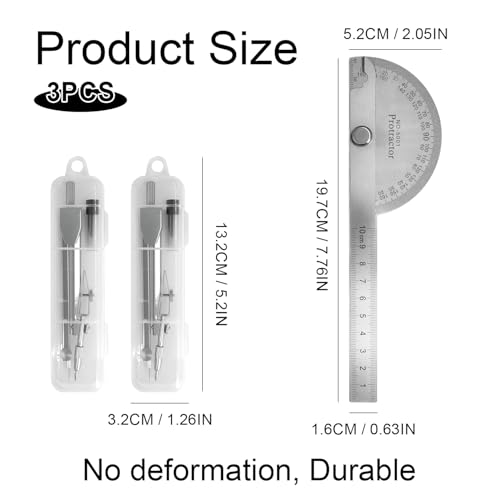 Protractor and Compass Set, Stainless Steel Angle Finder & 2 Compasses