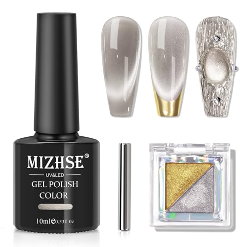MIZHSE Cat Eye Gel Nail Polish: Grey Magnetic Gel Polish with Magnet Stick and Metallic Mirror Chrome Powder, Maillard Style Magic Effect Galaxy Shimmery Nail Soak Off Nail Art Salon - color: Glass Beige