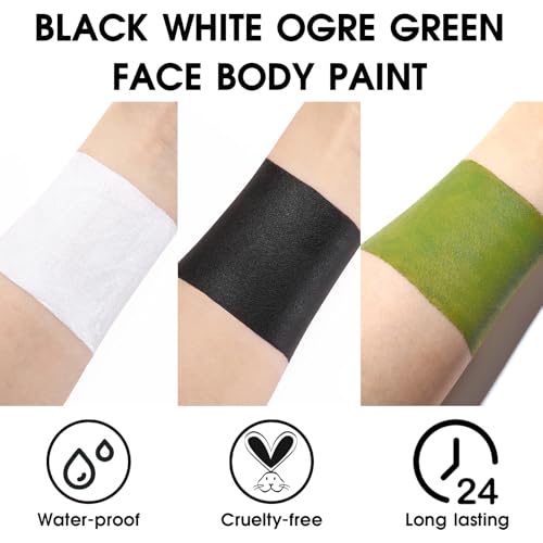 BADCOLOR 3PCS Black White Orge Green Face Body Paint Stick Makeup for Frankenstein/Witch/Grinch/Hulk/Alien/Demon/Evil Clown SFX Cosplay & Dress Up, Full-Coverage Halloween Facepaint Makeup Kit - color: 3PCS Frankenstein