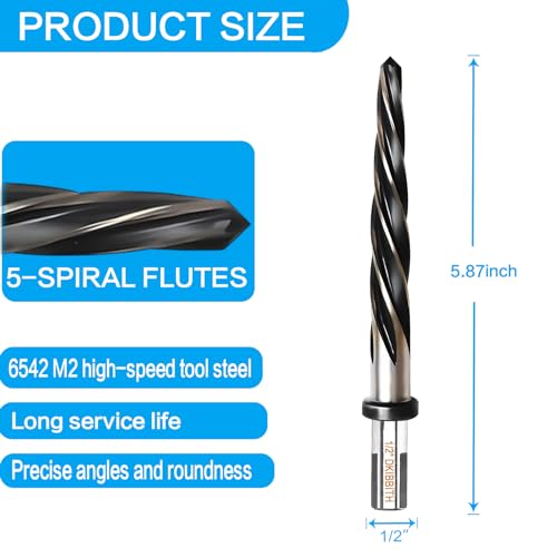 1/2” Bridge Construction Reamer Drill Bit, M2 HSS Taper Chucking Reamer for Steel Alloy Metal Wood Plastic, 1/2" Non-Slip Shank, 5-Spiral Flutes Car Reamer, to Align or Enlarge Holes, 12mm - size: 1/2”