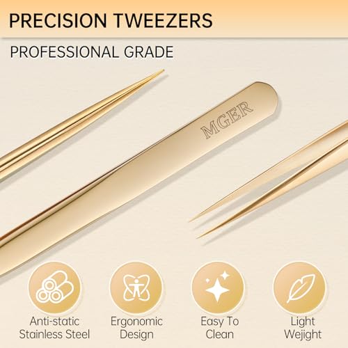 MGER Precision Isolation Eyelash Tweezers - Pointed for Extensions, Gold - size: Straight Tweezers