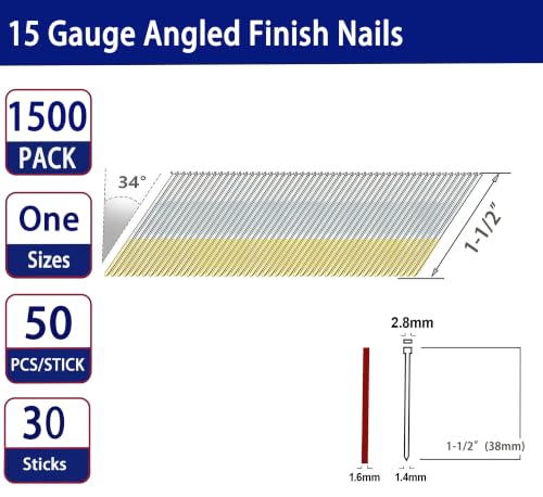 HW HAMWOO 15 Gauge 34°DA Angled Finish Nails,1-1/2":1500pcs - size: 1-1/2"--1500PCS