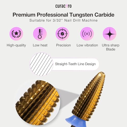 Curacoro Nail Drill Bits 3/32'' Typhoon Bits, 2 Way, Carbide Bit (Medium) - color: Yellow Titanium - Typhoon Bit, size: Medium