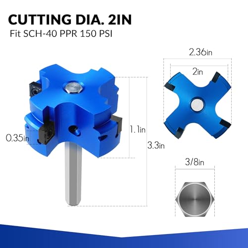 4 Blade 2-Inch PVC Fitting Saver, PVC Pipe Reamer Socket Saver with 3/8 Inch Hex Shaft, Plastic Pipe Fitting Reamer Plumbing Tool for SCH40 CPVC Pipe ABS Socket Hub, Fit Standard 1/2" Drills - size: 2 Inch
