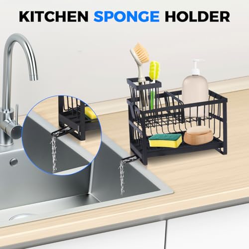 2-Tier Sink Sponge Caddy Organizer | Self Drain Sink Caddy with Dish Brush Holder | Non Toxic Kitchen Sink Accessories for Sponges, Brushes & Soap (Black) - color: Black