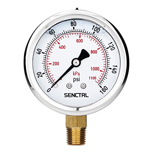SENCTRL 0-160 Psi Liquid Filled Air Pressure Gauge, 1/4" NPT Lower Mount - size: 0-160 Psi, style: Lower Mount