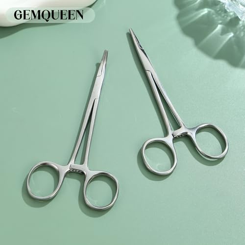 GEMQUEEN 2 Pcs Piercing Curved and Straight Forceps for Changing Jewelry - color: Silver