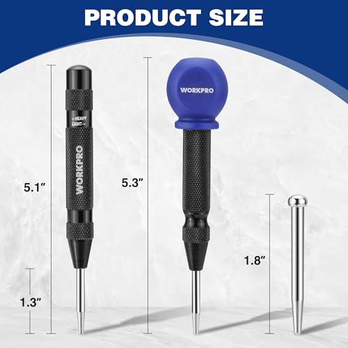 WORKPRO 2PCS Automatic Center Punch, Adjustable Spring Loaded Center Punch - style: 2pcs Auto Center Punches with a Replacement Tip