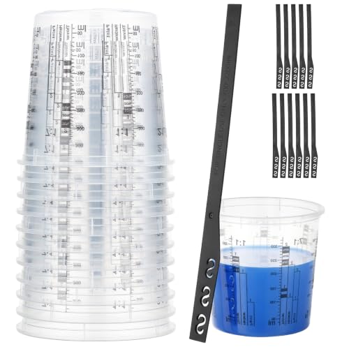 Gartful 12 Pack 10oz 320ml Clear Plastic Paint Mixing Cups with 12 Stir Sticks - Disposable Graduated Measuring Cups for Paint, Resin & Epoxy with ML Scale & 3-Column Ratios (1:1-7:1) for DIY Crafts - size: 10oz / 320ml