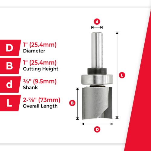 Amana Tool 45466 Flush Trim Router Bit 1 D x 1 CH x 3/8 SHK w/ Bearing - size: 1" Dia x 1" x 3/8 Sh