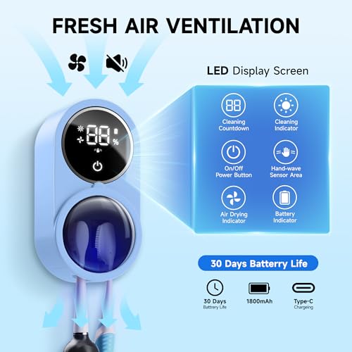 Wall-Mounted Toothbrush Holder for Bathroom, Proximity Sensor Toothbrush Cleaner, Compatible with Most Toothbrush Models, LED Smart Screen, Heating Film Drying, Rechargeable (02Blue) - color: 02blue