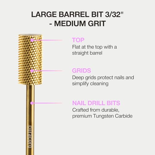 Curacoro Nail Drill Bits 3/32'' Large Barrel Carbide Bit (Medium) - color: Yellow Titanium - Large Barrel Bit, size: Medium