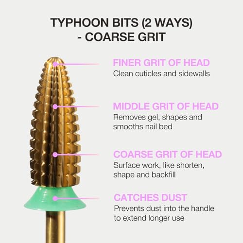 Curacoro Nail Drill Bits 3/32'' Typhoon Bits, 2 Way, Carbide Bit (Coarse) - color: Yellow Titanium - Typhoon Bit, size: Coarse