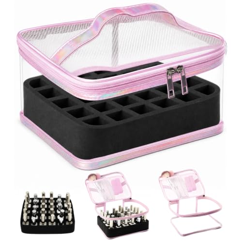 Clear Nail Polish Organizer,Holds 30 Bottles PVC Nail Polish Organizer Case Manicure Tools Nail Polish Storage Portable Nail Tech Travel Bag for Nail Supplies（PINK） - color: Pink