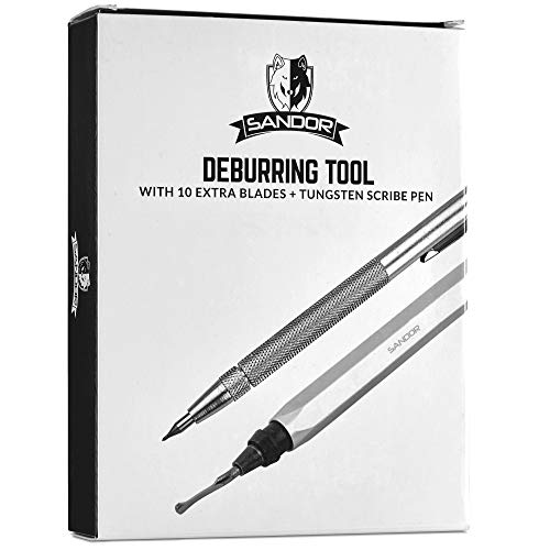 Deburring Tool - 10 Extra Blades and Scribe Pen and Zipper Storage Case - Machinist Tool for Metal, Aluminum, Copper, Plastic Pipe, 3D Printing, Brass