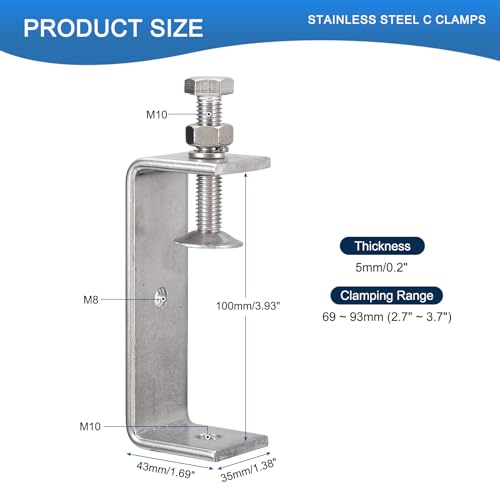 2 Pack 304 Stainless Steel C Clamps with 100mm/3.94" Stable Wide Jaw Opening Tiger Clamp for Woodworking Welding Construction Household Mount - size: 100mm/3.94"