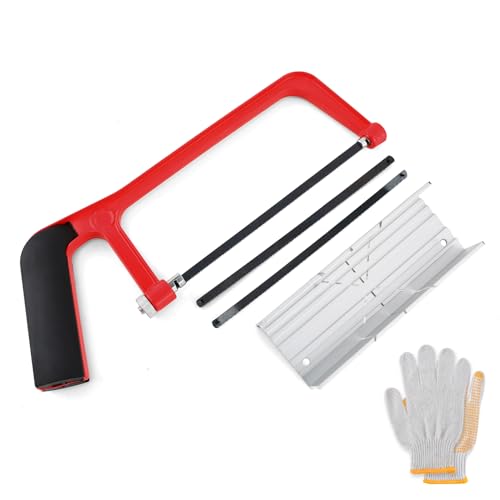 Mini Hacksaw with Miter Box, 6" Hand Saw Kit with 2 Spare Blades & Gloves - color: Red