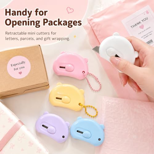 5 PCS Mini Box Cutters Retractable, Cute Letter Opener with Key Rings